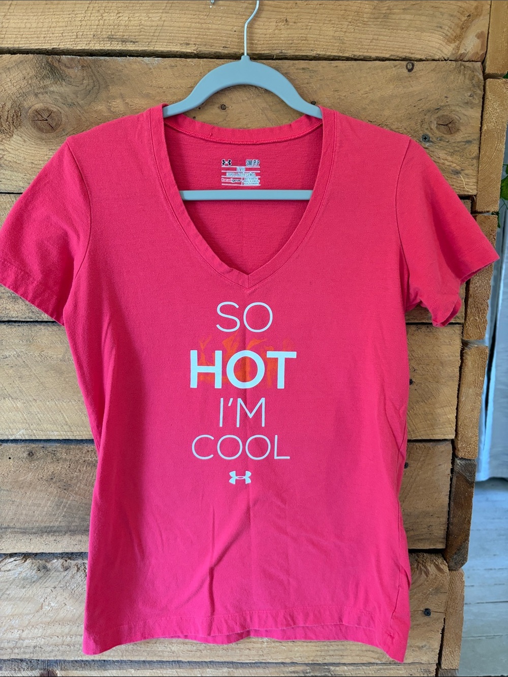 4 Under Armour Women’s Bright Pink V-Neck Tee with 'SO HOT I'M COOL' Graphic